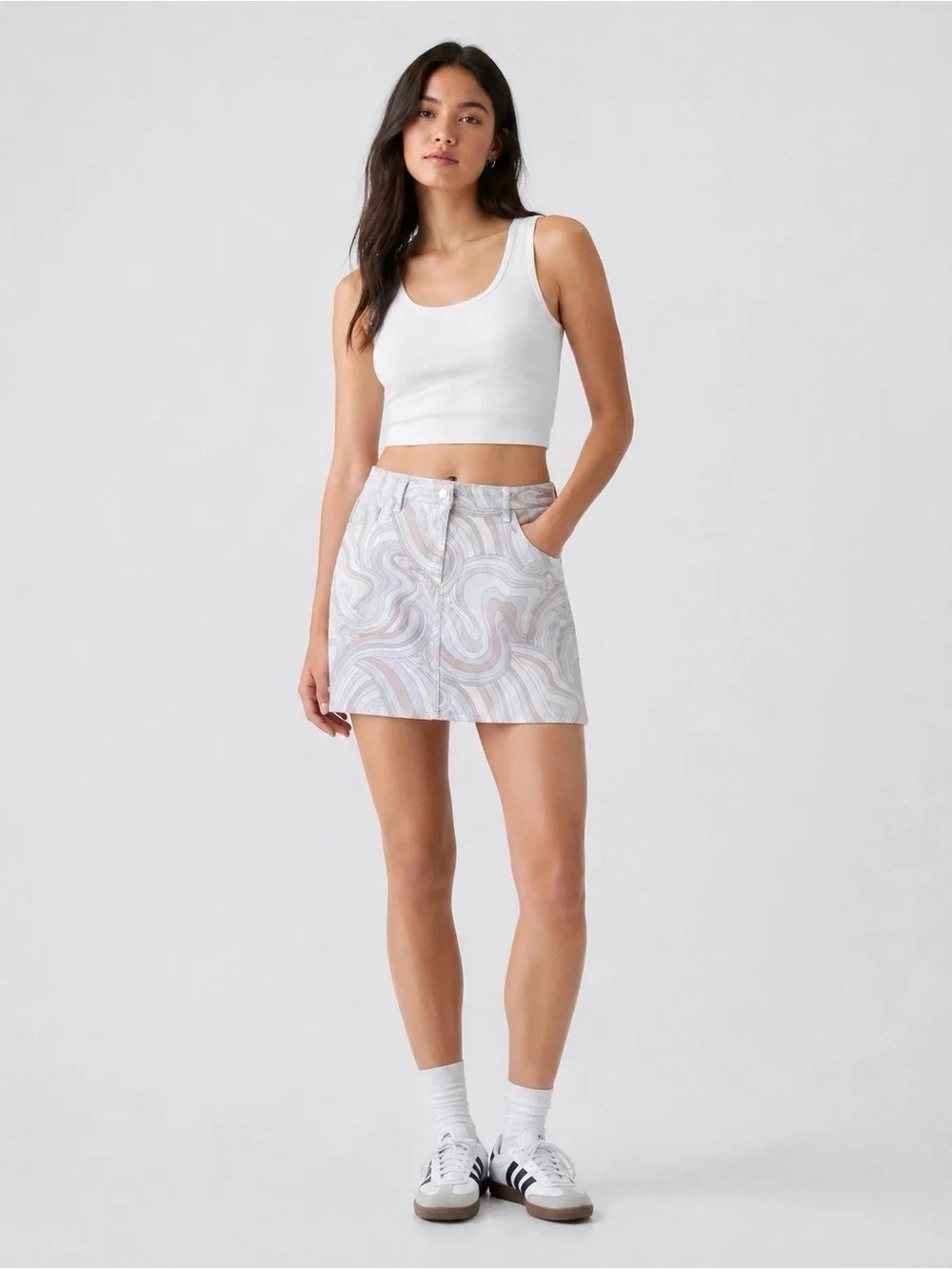 Wilfred Marble-Print Mini Skirt in White and Light purple 1079
